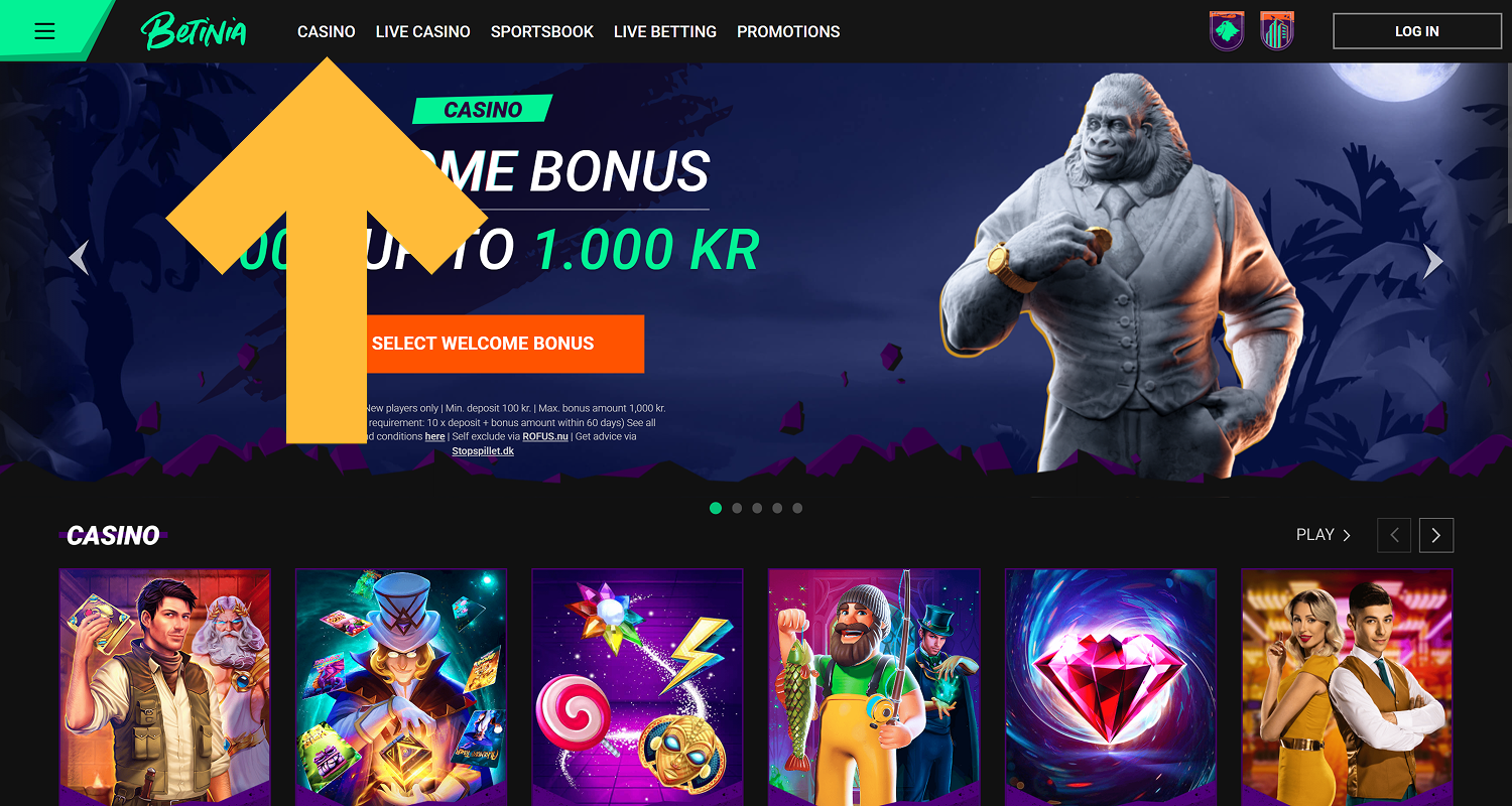 Åbn den ønskede sektion i Betinia Casino, og vælg et spil