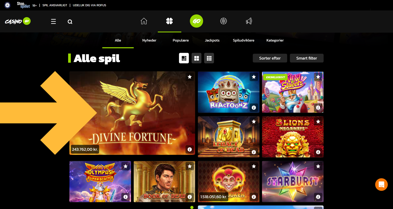 Åbn spilsektionen på CasinoGo, vælg Slots eller Live Casino, og start det valgte spil