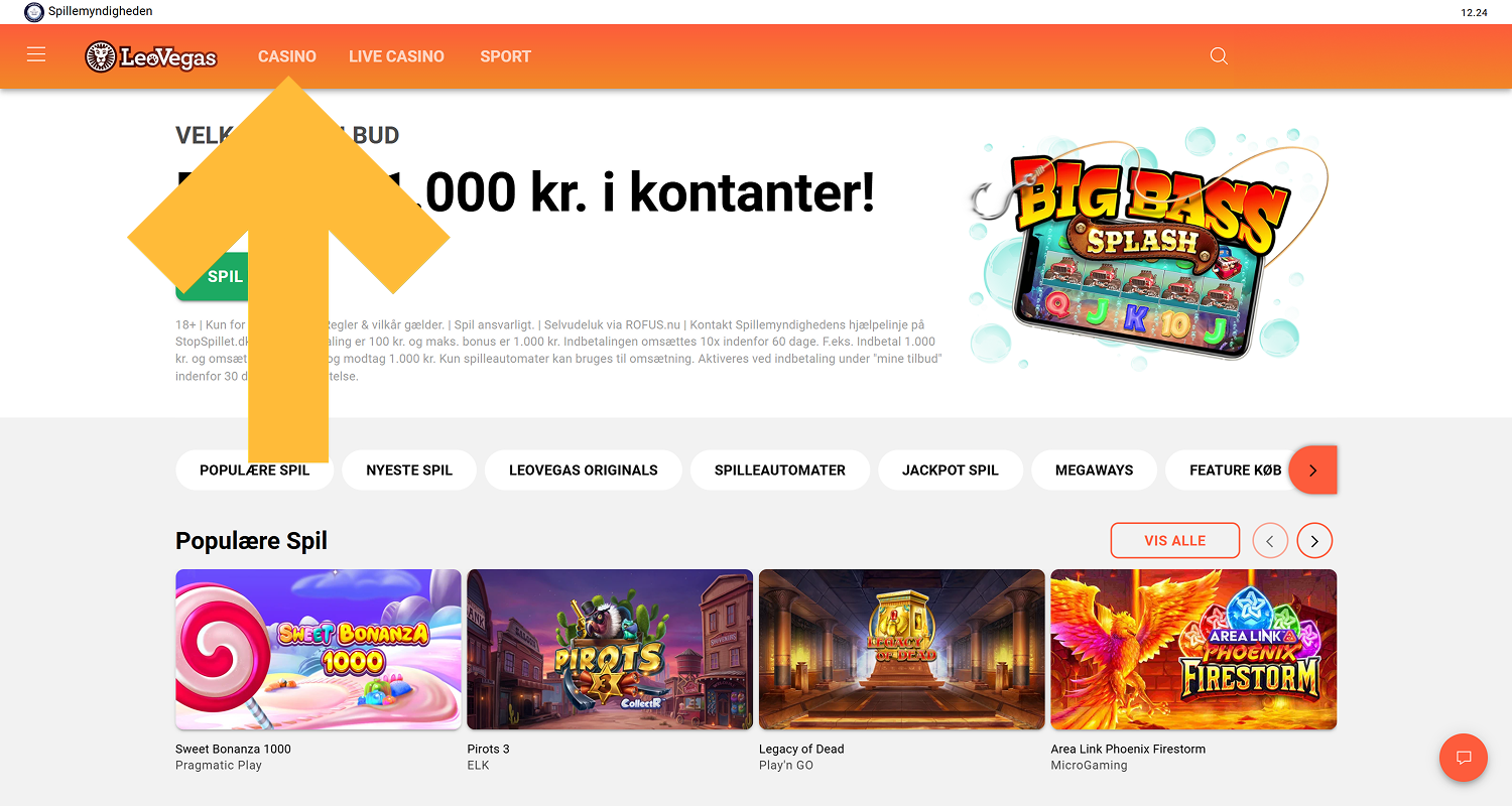 På LeoVegas hjemmeside skal du åbne sektionen Casino eller Live Casino