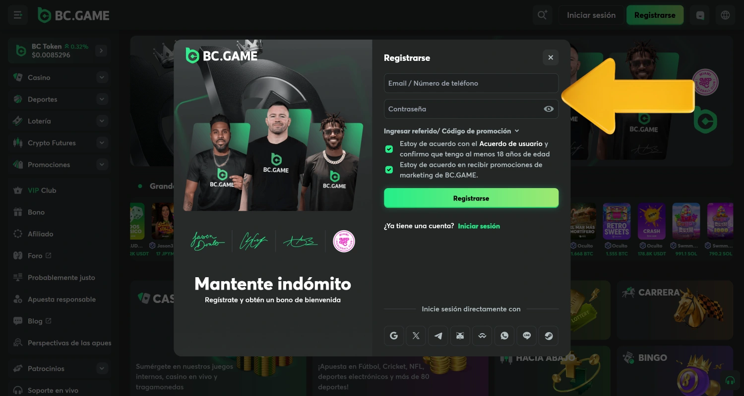Crea una nueva cuenta en BC.Game Casino