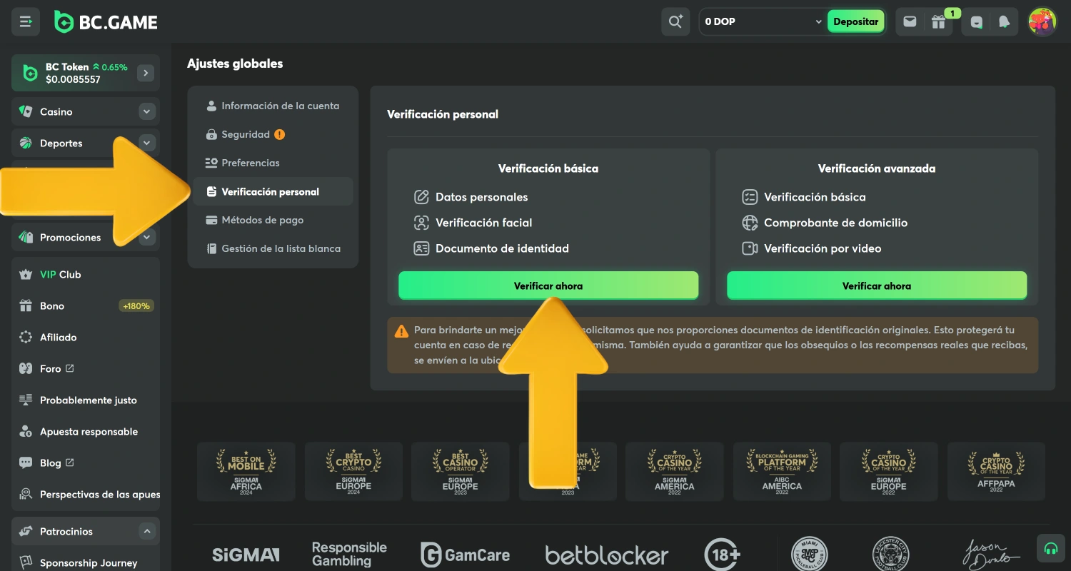 Verifica tu cuenta en BC.Game Casino