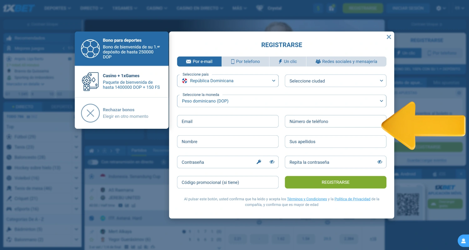 Crea una cuenta en el Casino 1xBet de República Dominicana