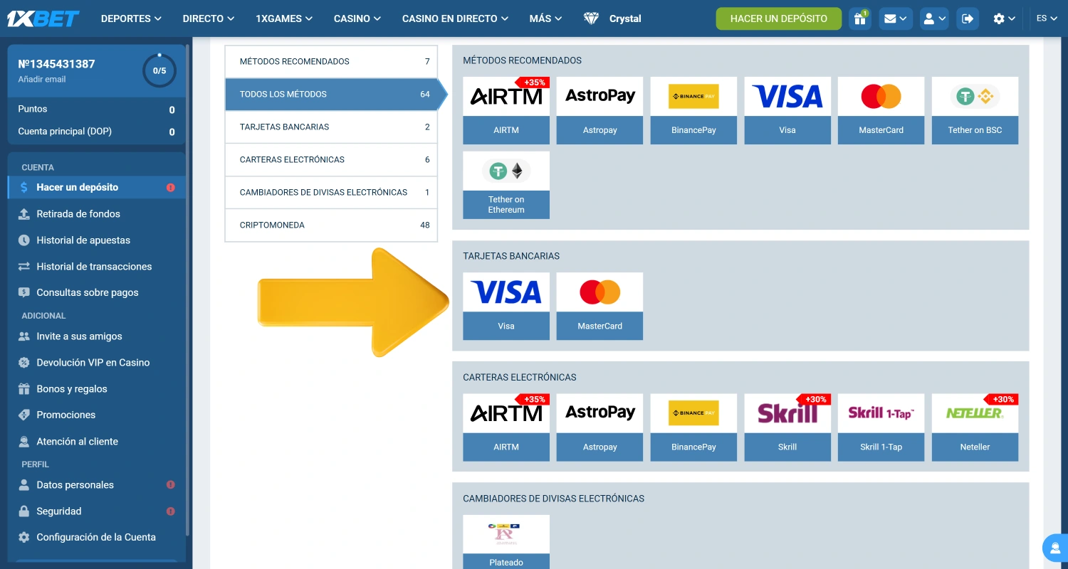 Haz un depósito en el Casino 1xBet de República Dominicana
