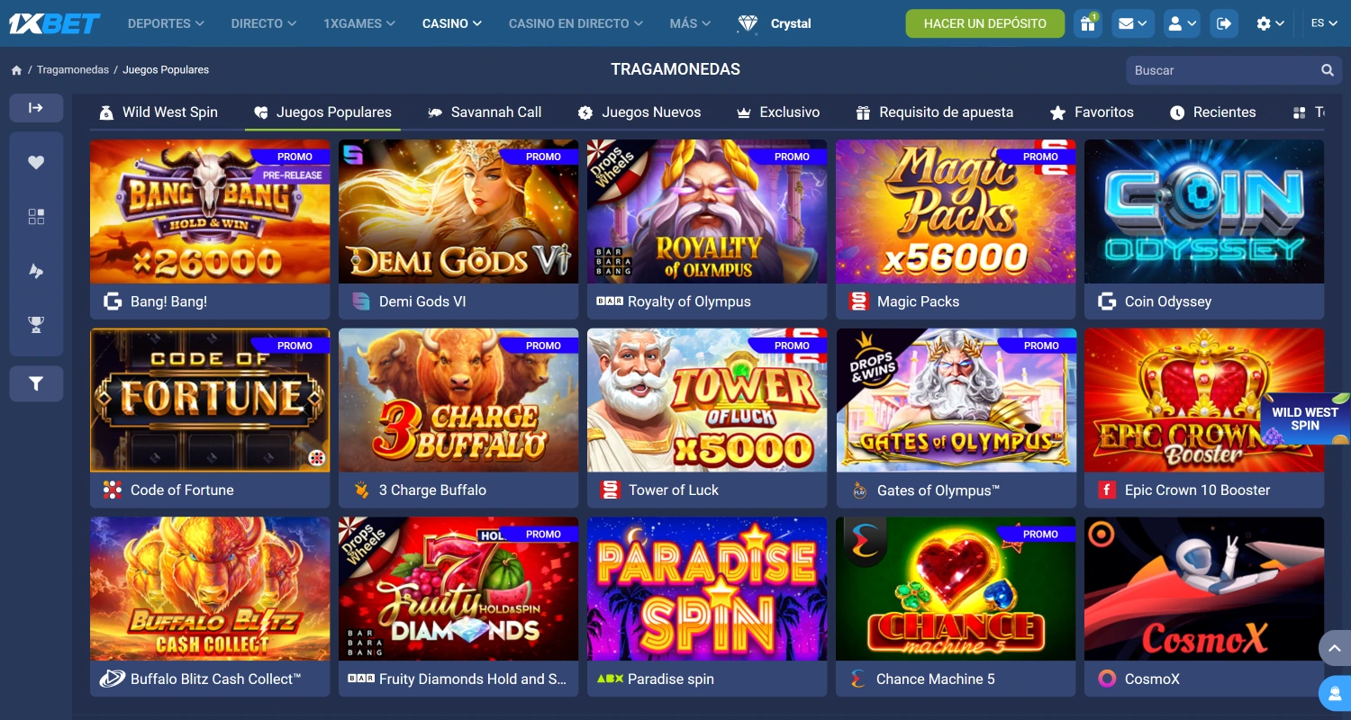 Selecciona un juego en la sección de casino del sitio web de 1xBet
