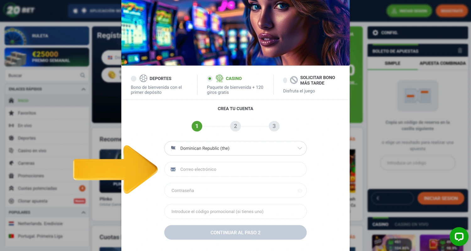 Crea una cuenta en 20Bet para jugar en el casino