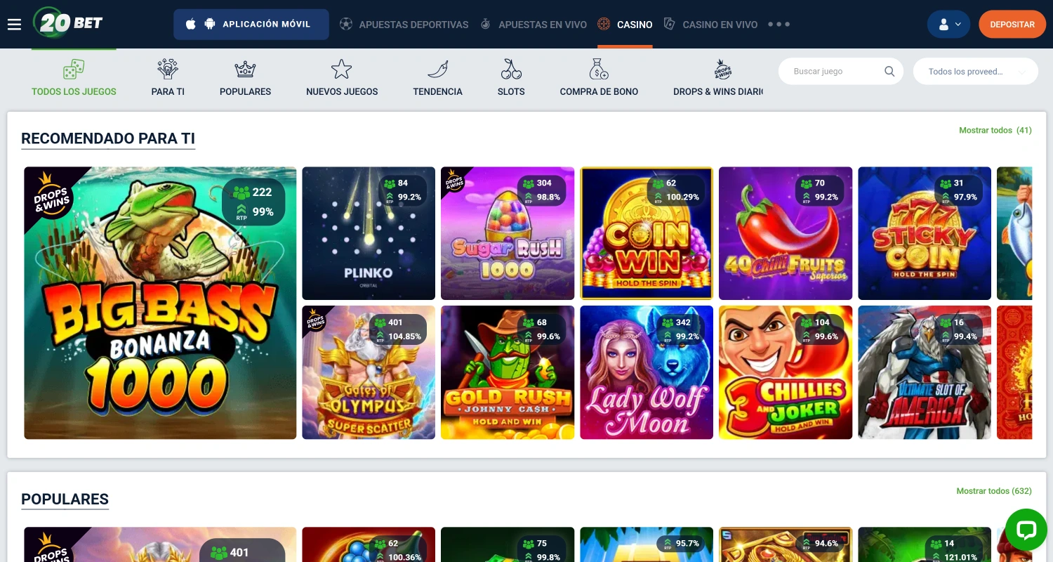 Selecciona un juego en 20Bet Casino para empezar a jugar