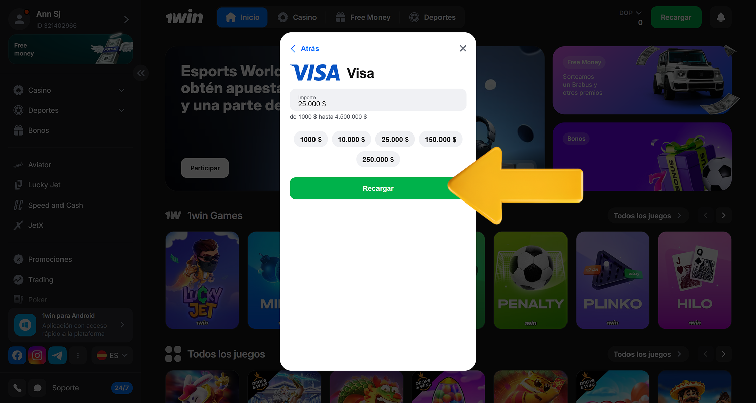 Haz un depósito en tu cuenta del casino 1win