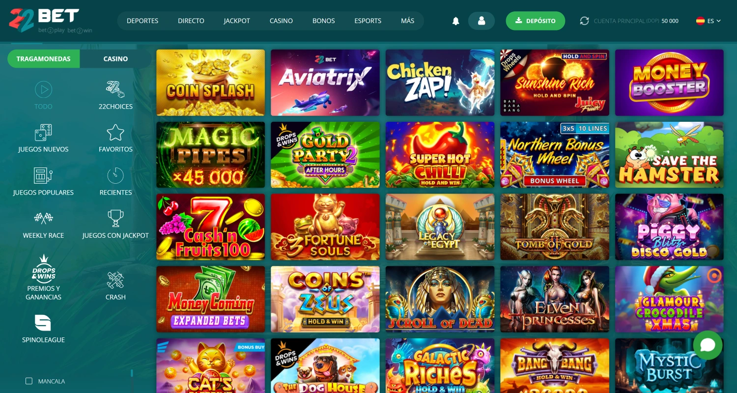 Selecciona un juego de cualquier sección del casino 22Bet