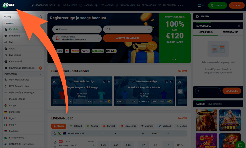 Registreerumiseks minge veebilehele 20Bet