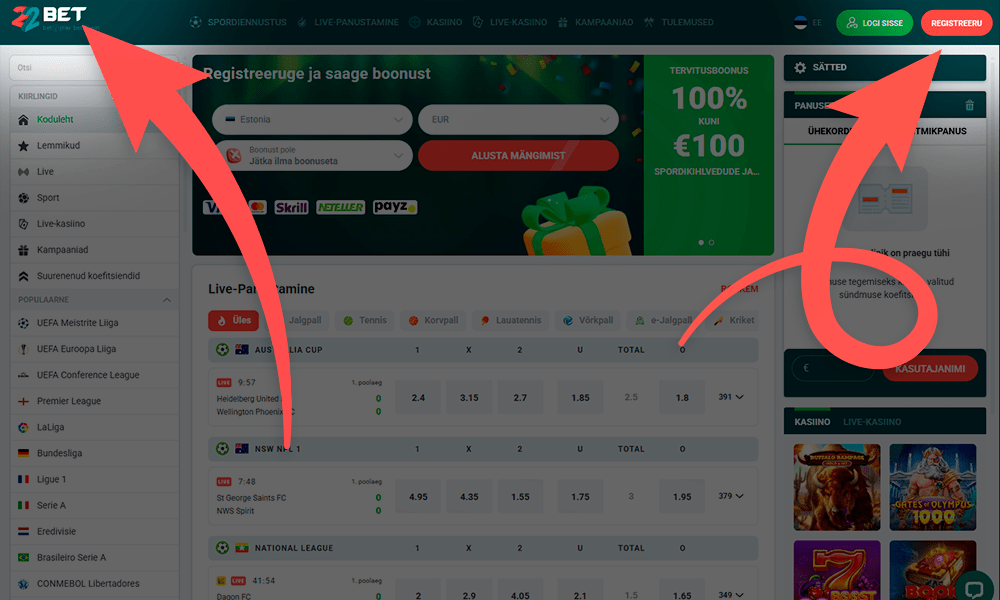 Mine 22bet veebilehele ja vajuta registreerimisnuppu