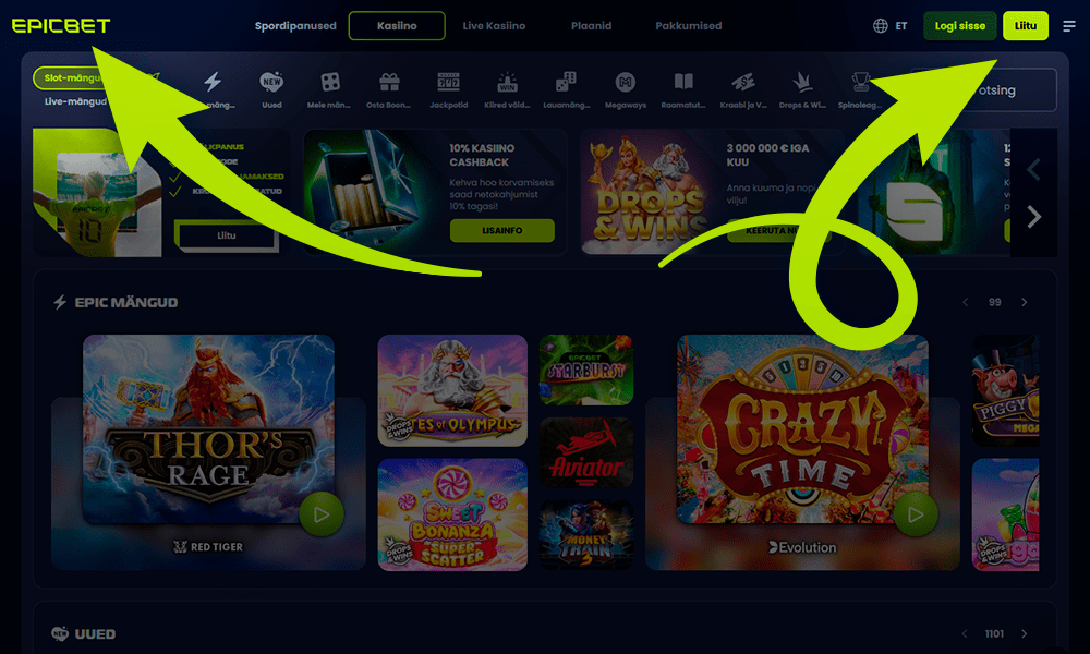 Mine Epicbeti veebilehele, vajuta nuppu ja alusta registreerimist