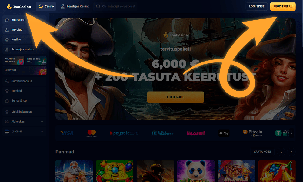 Mine Joocasino veebilehele ja vajuta registreerimisnuppu
