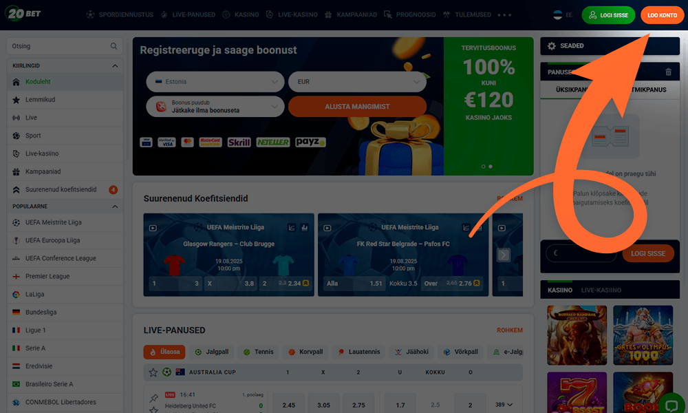 Vajuta nuppu, et registreeruda 20Bet