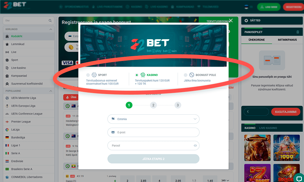 Vali boonus enne 22bet registreerimist