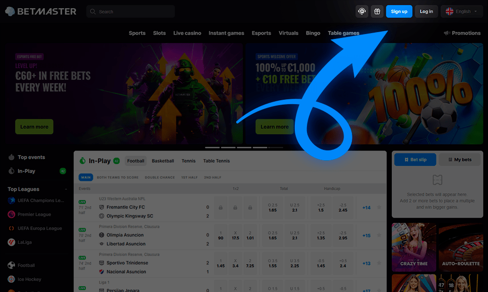 Vajuta nuppu, et registreeruda Bet Masters