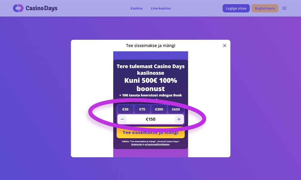Valige Days registreerimiseks deposiidi summa