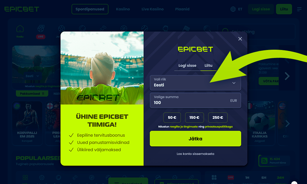 Vali riik ja valuuta Epicbet registreerimiseks