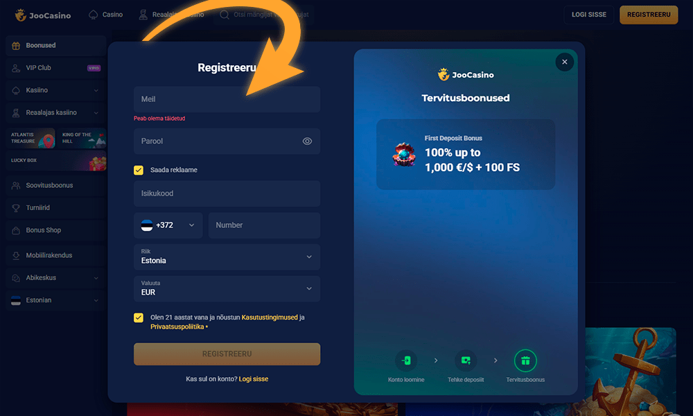 Täida Joocasino registreerimise väljad