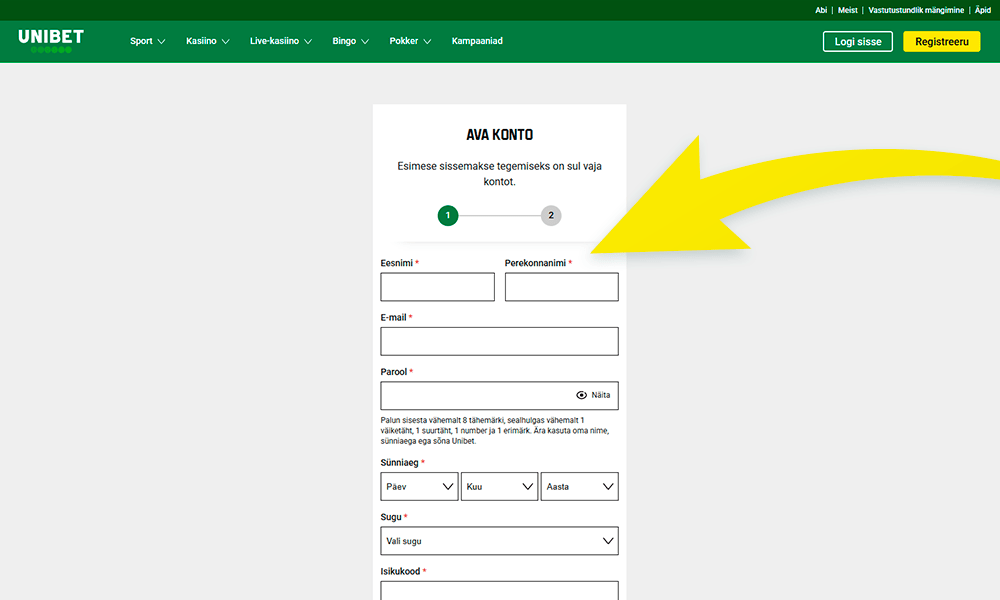 Täida Unibet registreerimise väljad
