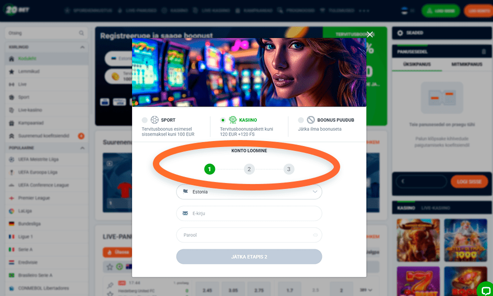 Alusta 20Bet registreerimise samme