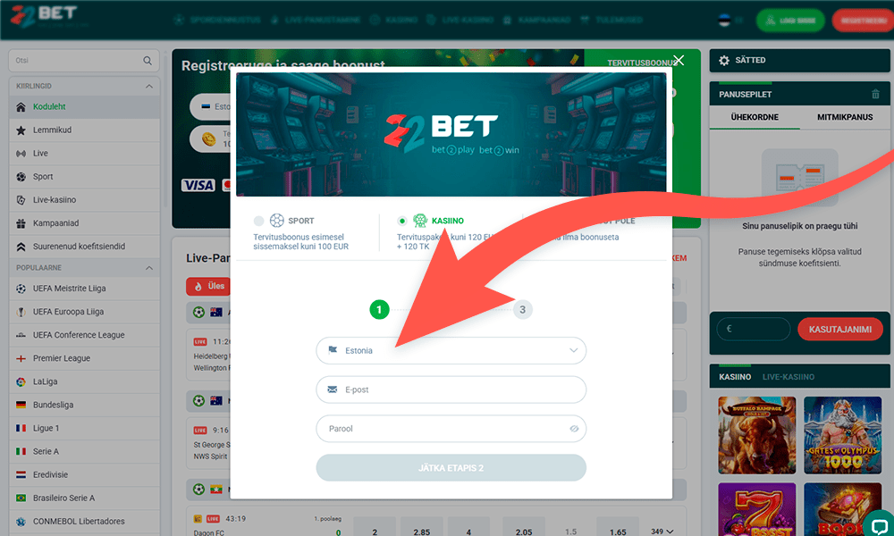 Täida 22bet registreerimise väljad