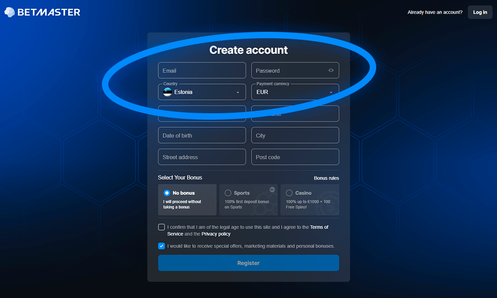 Vali riik ja valuuta Bet Masters registreerimiseks