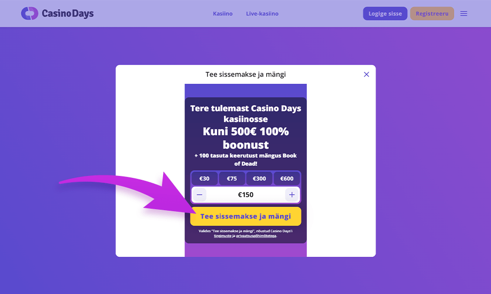 Vajuta ja mine järgmise registreerimise sammu juurde Days