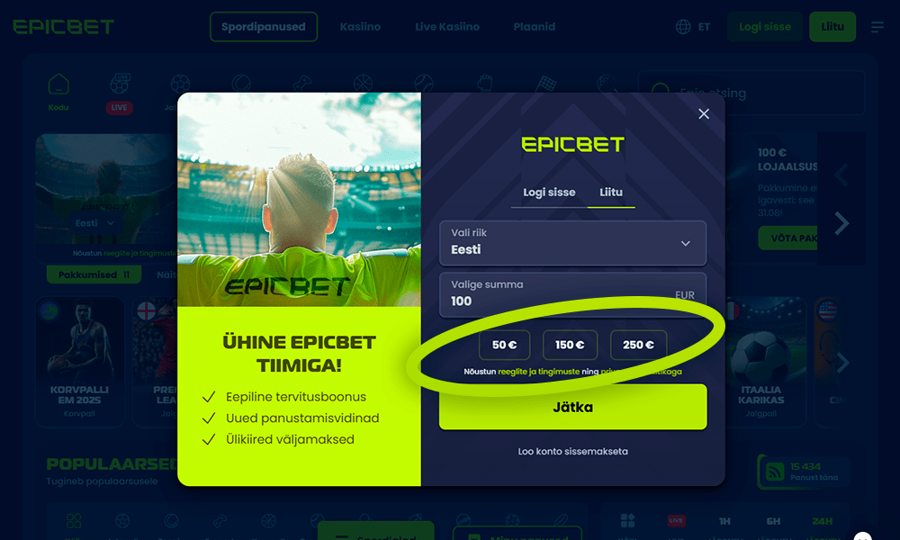 Valige Epicbet registreerimiseks deposiidi summa