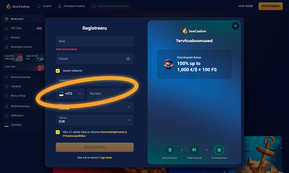 Sisestage Joocasino registreerimiseks oma telefoninumber