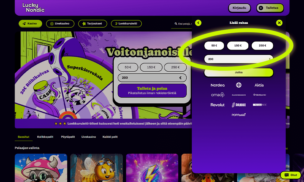 Valige Lucky Nordicus registreerimiseks deposiidi summa