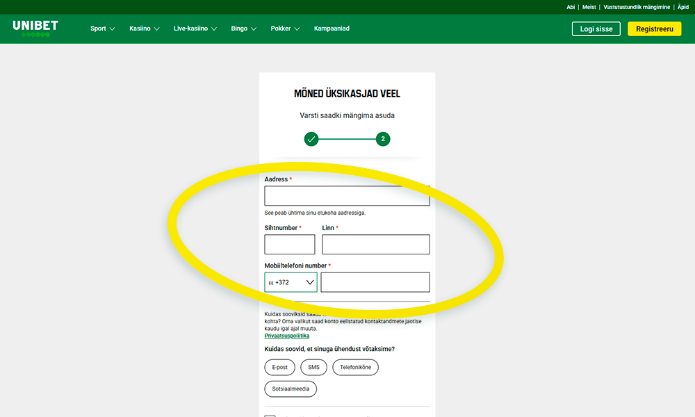 Sisestage Unibet registreerimiseks oma telefoninumber