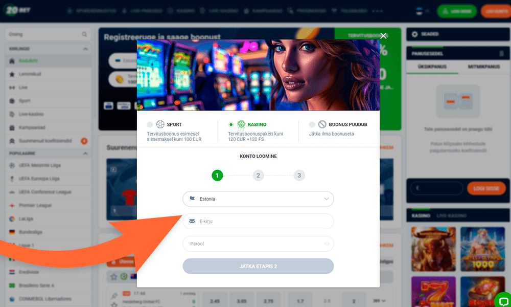 Täida 20Bet registreerimise väljad