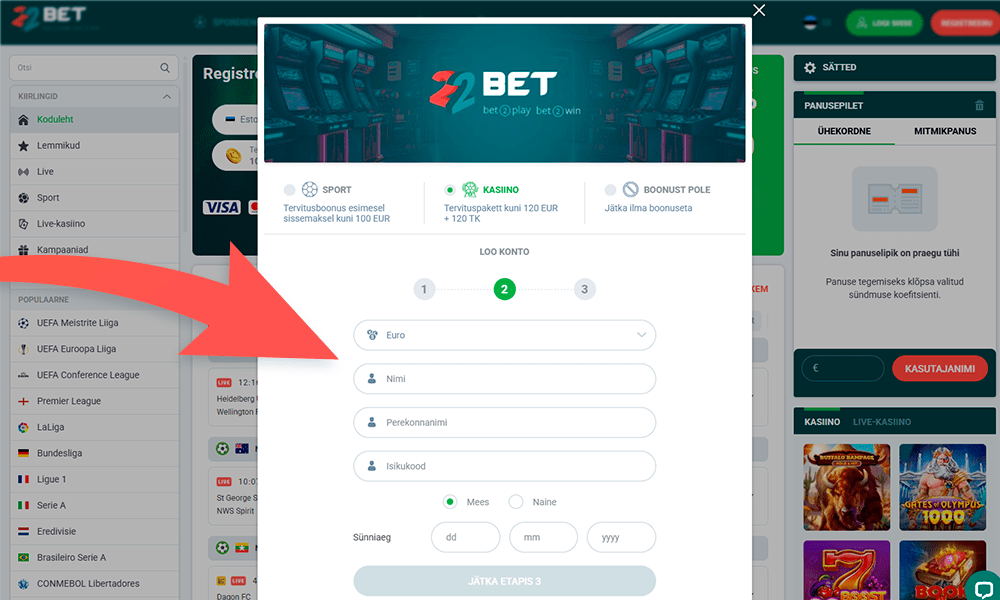 Täida 22bet registreerimise väljad