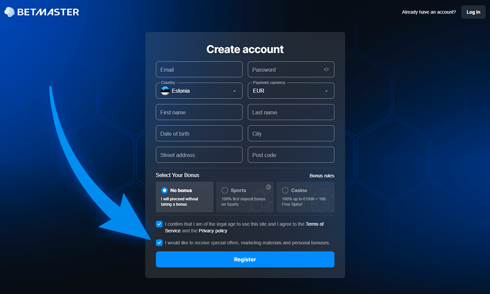 itke väljad ja nõustuge Bet Mastersi kasutustingimustega