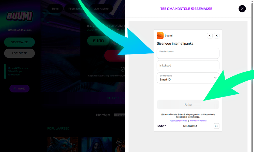 Buumi registreerimiseks sisestage pangarekvisiidid
