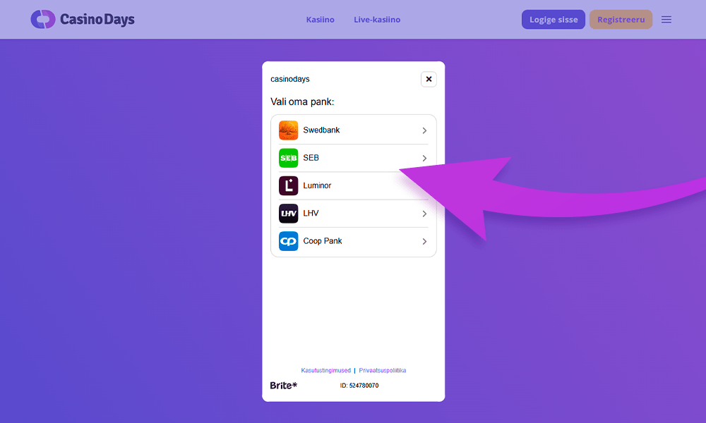 Valige hoiuse tegemiseks pank, et registreerida Days