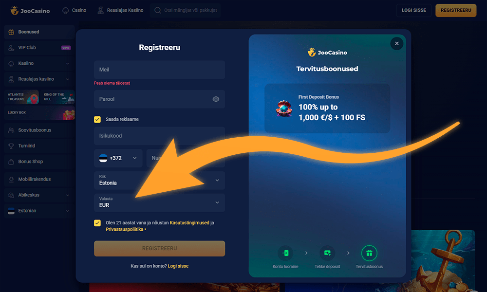 Vali riik ja valuuta Joocasino registreerimiseks