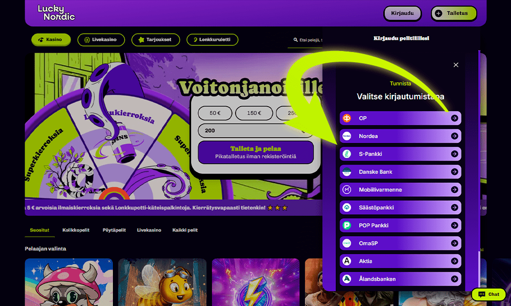 Valige hoiuse tegemiseks pank, et registreerida Lucky Nordic