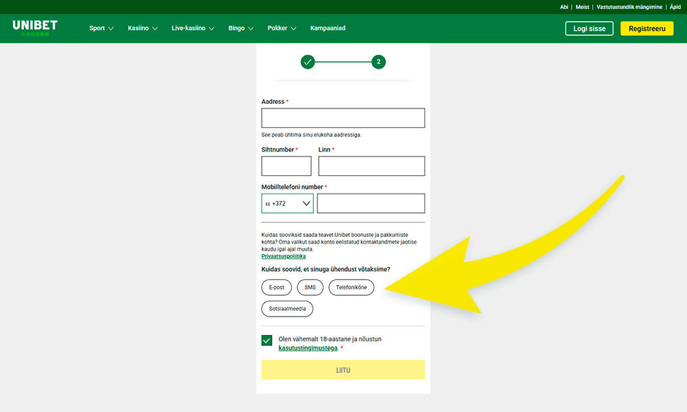 Valige Unibet registreerimise kinnituse liik
