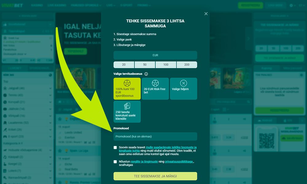 Täitke VivatBet promokoodi registreerimisväljad