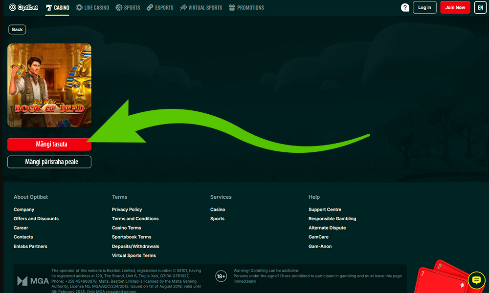 Vajuta nuppu, et alustada mängimist Book of Dead