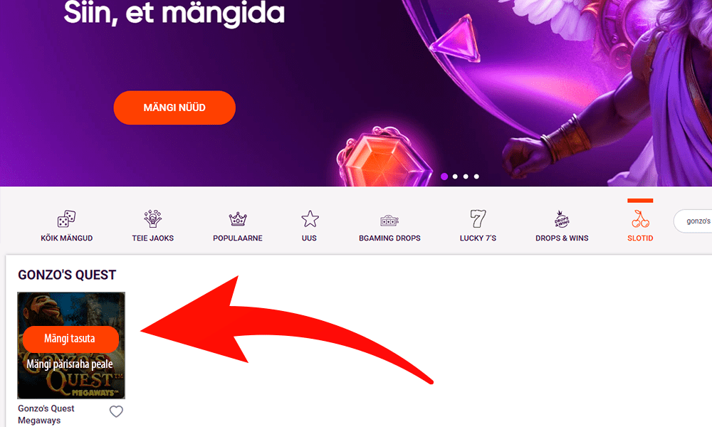 Vajuta nuppu, et alustada mängimist Gonzo's Quest