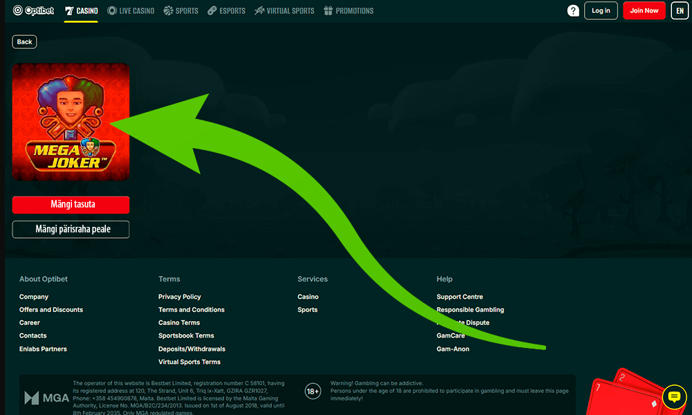 Vajuta nuppu, et alustada mängimist Mega Joker