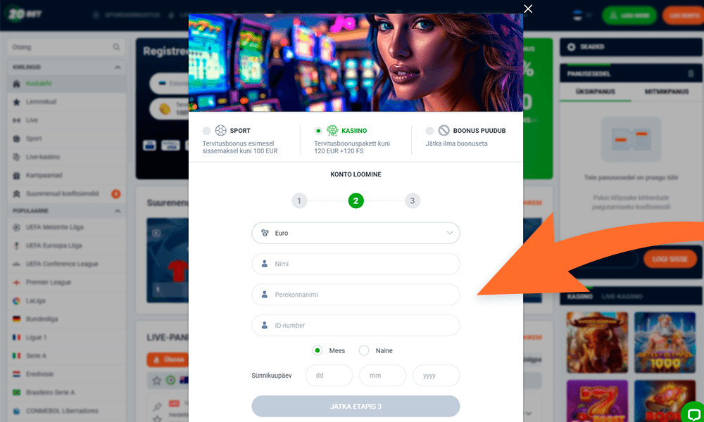 Täida 20Bet registreerimise väljad