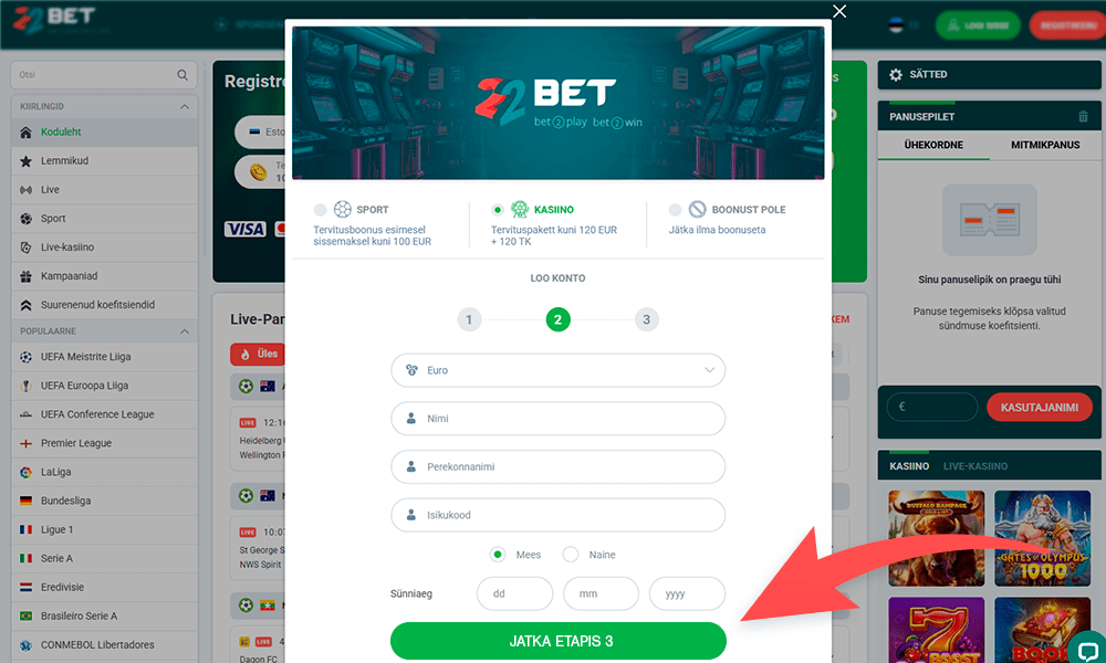 Klõpsake ja minge edasi registreerimise järgmisele sammile 22bet