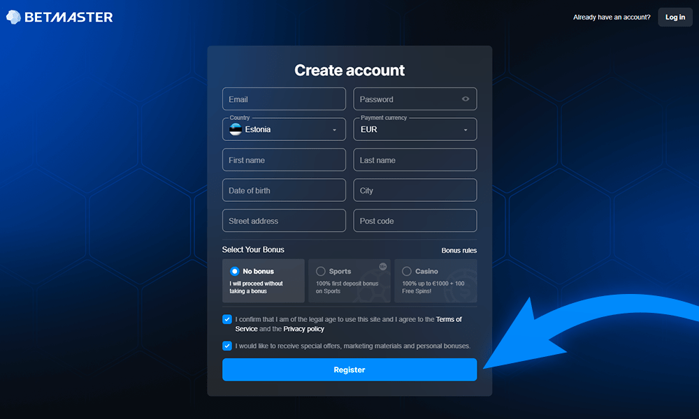 Kinnitage oma registreerumine Bet Masters