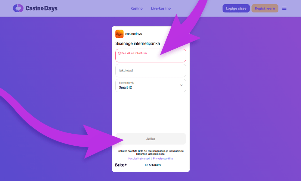 Days registreerimiseks sisestage pangarekvisiidid