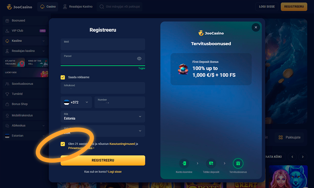 Nõustu Joocasino registreerimistingimustega