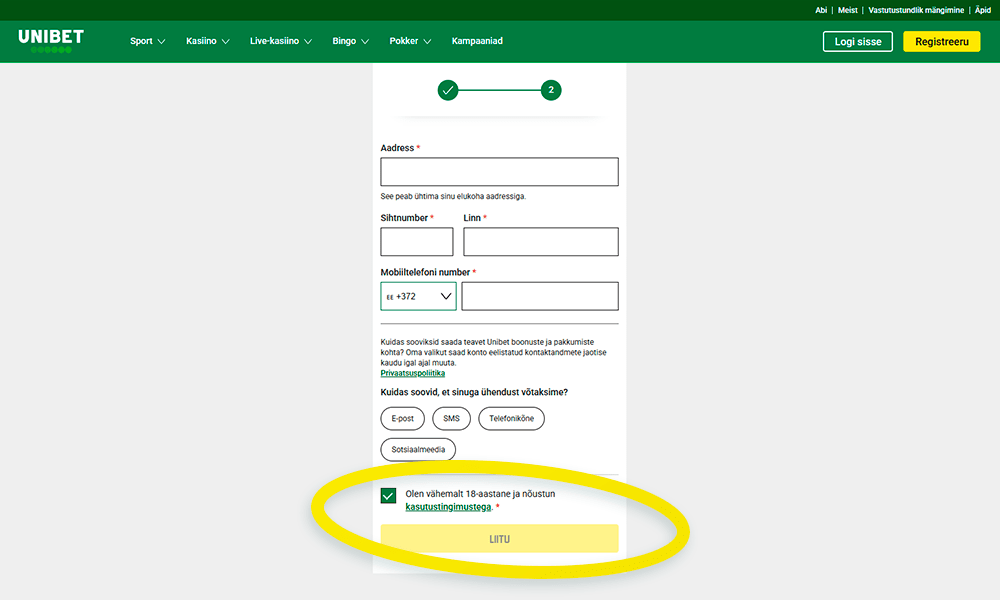 Nõustu Unibet registreerimistingimustega