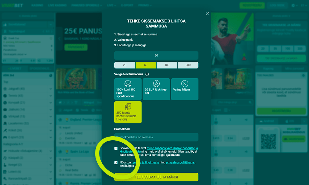 Nõustu VivatBet registreerimistingimustega